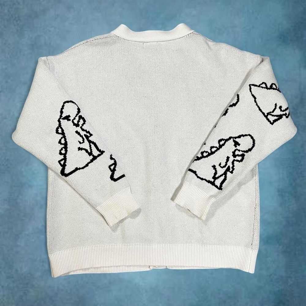 Women’s YWFG white cardigan sweater with dinosaurs oversized cozy - Picture 2 of 6